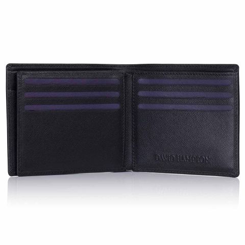 Black Saffiano leather trifold wallet open 2