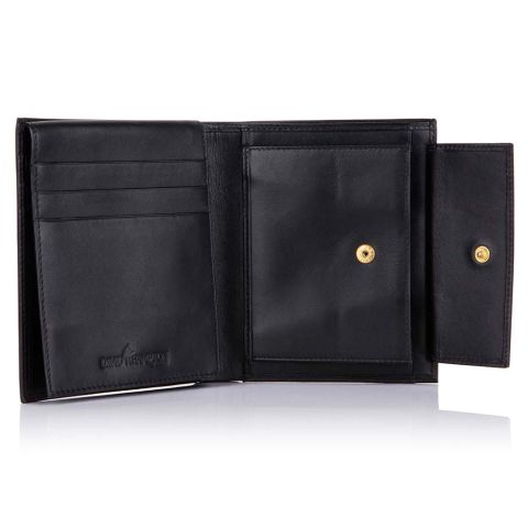 Black leather coin purse wallet open